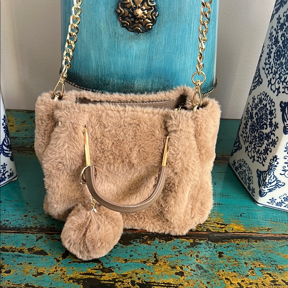 Tan and Brown Plush Shoulder Bag with Silver Chain